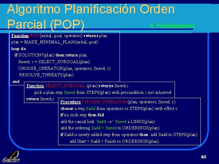 Algoritmo Planificación Orden 4. Planificadores Parcial (POP) Function POP (initial, goal, operators) returns plan