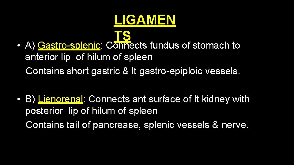 LIGAMEN TS • A) Gastro-splenic: Connects fundus of stomach to anterior lip of hilum