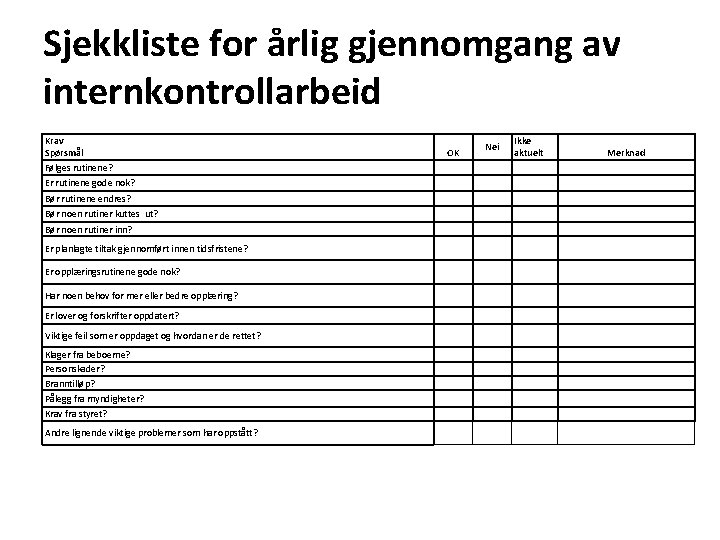 Sjekkliste for årlig gjennomgang av internkontrollarbeid Krav Spørsmål Følges rutinene? Ikke aktuelt Er rutinene