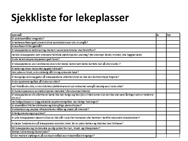 Sjekkliste for lekeplasser Spørsmål Er utelekeområdet inngjerdet? Er bakkeoverflaten godt drenert slik at vanndybden