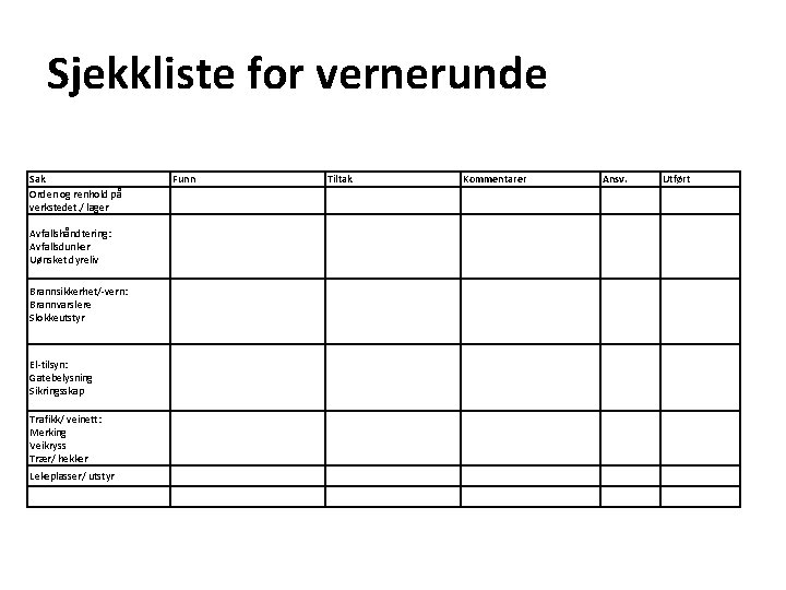 Sjekkliste for vernerunde Sak Orden og renhold på verkstedet. / lager Avfallshåndtering: Avfallsdunker Uønsket