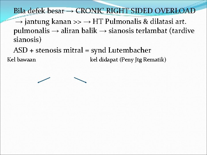 Bila defek besar → CRONIC RIGHT SIDED OVERLOAD → jantung kanan >> → HT