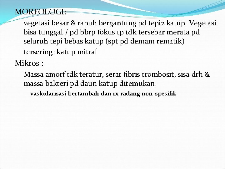 MORFOLOGI: vegetasi besar & rapuh bergantung pd tepi 2 katup. Vegetasi bisa tunggal /