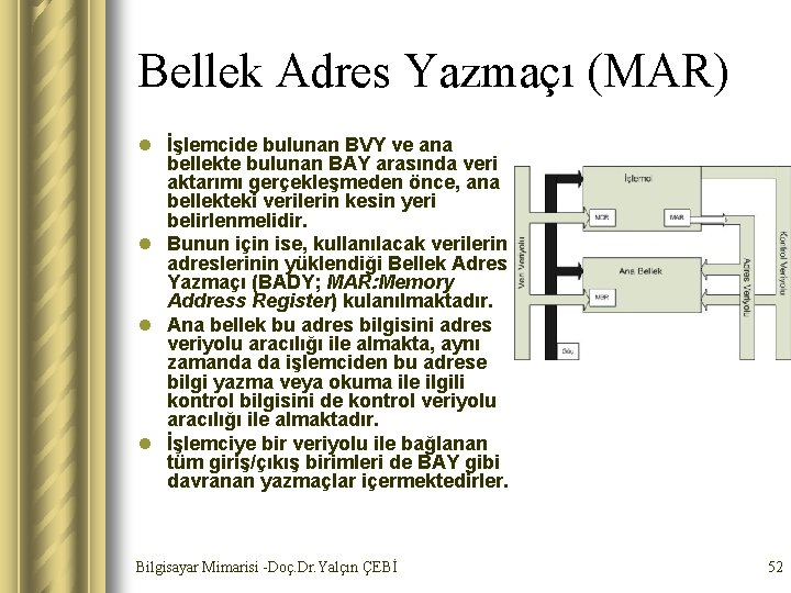 Bellek Adres Yazmaçı (MAR) l İşlemcide bulunan BVY ve ana bellekte bulunan BAY arasında