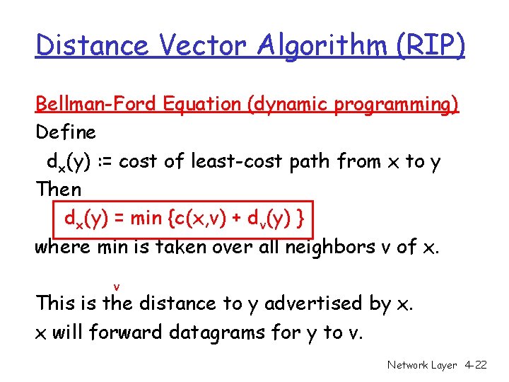 Distance Vector Algorithm (RIP) Bellman-Ford Equation (dynamic programming) Define dx(y) : = cost of