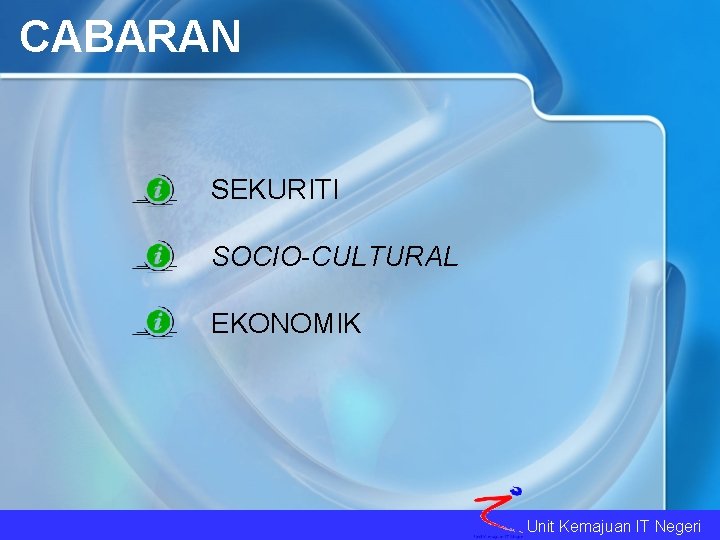 CABARAN SEKURITI SOCIO-CULTURAL EKONOMIK Unit Kemajuan IT Negeri 