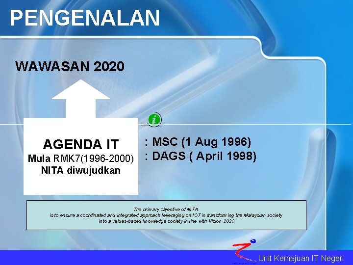 PENGENALAN WAWASAN 2020 : MSC (1 Aug 1996) Mula RMK 7(1996 -2000) : DAGS