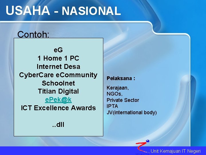 USAHA - NASIONAL Contoh: e. G 1 Home 1 PC Internet Desa Cyber. Care