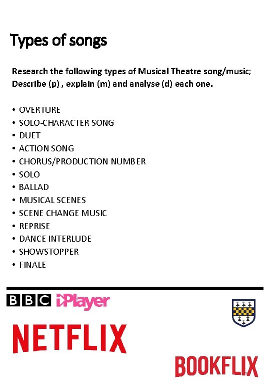 Types of songs Research the following types of Musical Theatre song/music; Describe (p) ,