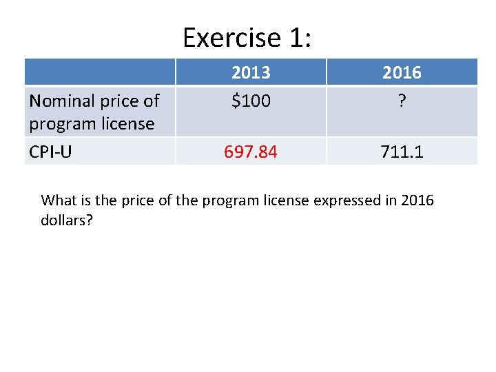 Exercise 1: Nominal price of program license CPI-U 2013 $100 2016 ? 697. 84