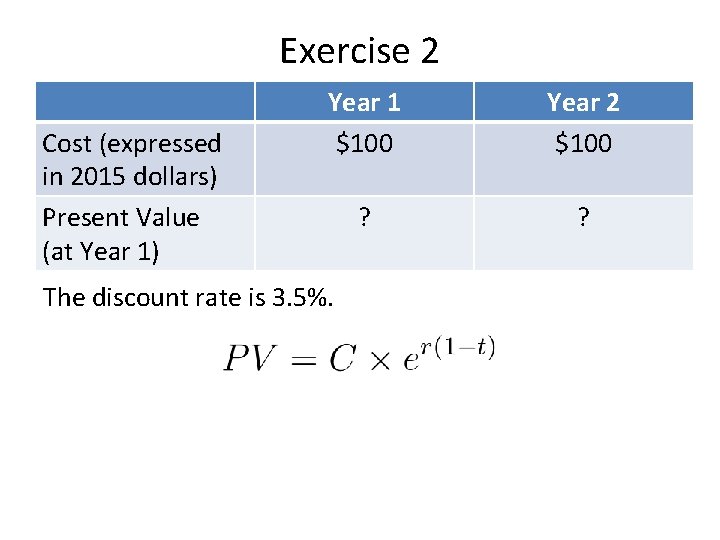 Exercise 2 Cost (expressed in 2015 dollars) Present Value (at Year 1) Year 1
