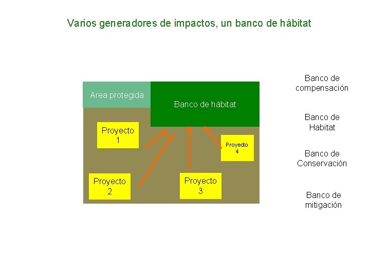 Varios generadores de impactos, un banco de hábitat Banco de compensación Area protegida Banco