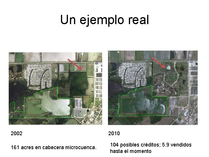 Un ejemplo real 2002 161 acres en cabecera microcuenca. 2010 104 posibles créditos; 5.