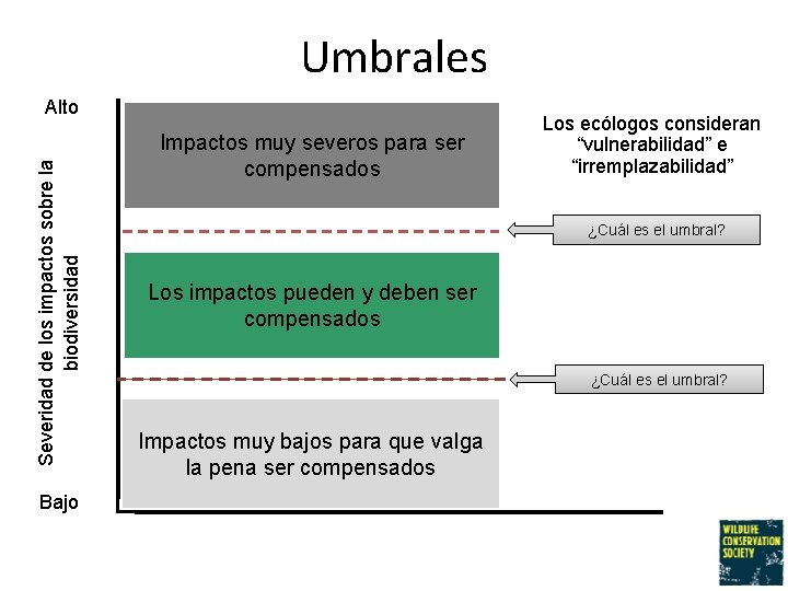 Umbrales Severidad de los impactos sobre la biodiversidad Alto Bajo Impactos muy severos para
