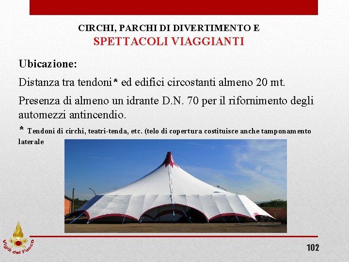 CIRCHI, PARCHI DI DIVERTIMENTO E SPETTACOLI VIAGGIANTI Ubicazione: Distanza tra tendoni* ed edifici circostanti