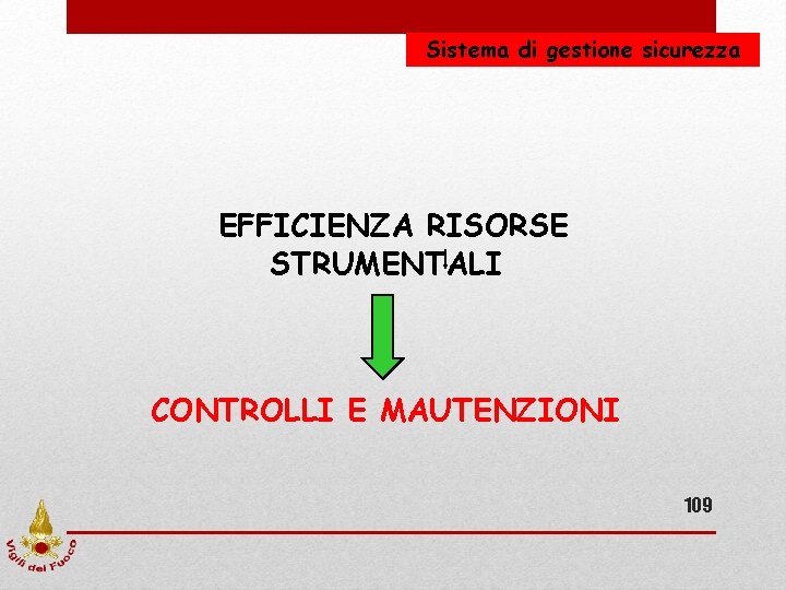 Sistema di gestione sicurezza EFFICIENZA RISORSE STRUMENTALI CONTROLLI E MAUTENZIONI 109 Sistema di gestione sicurezza EFFICIENZA RISORSE STRUMENTALI CONTROLLI E MAUTENZIONI 109