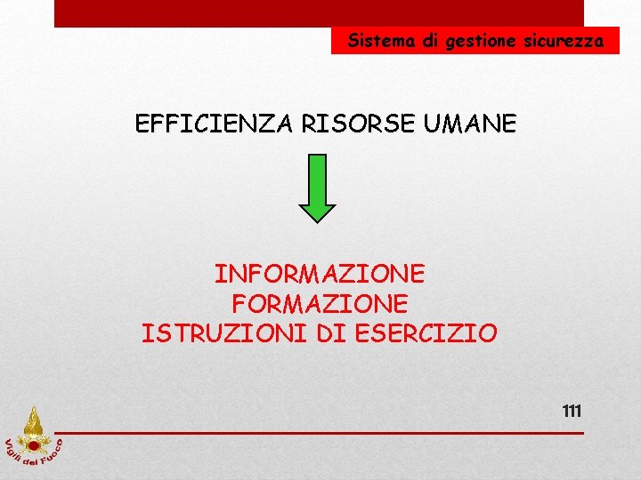 Sistema di gestione sicurezza EFFICIENZA RISORSE UMANE INFORMAZIONE ISTRUZIONI DI ESERCIZIO 111 Sistema di gestione sicurezza EFFICIENZA RISORSE UMANE INFORMAZIONE ISTRUZIONI DI ESERCIZIO 111