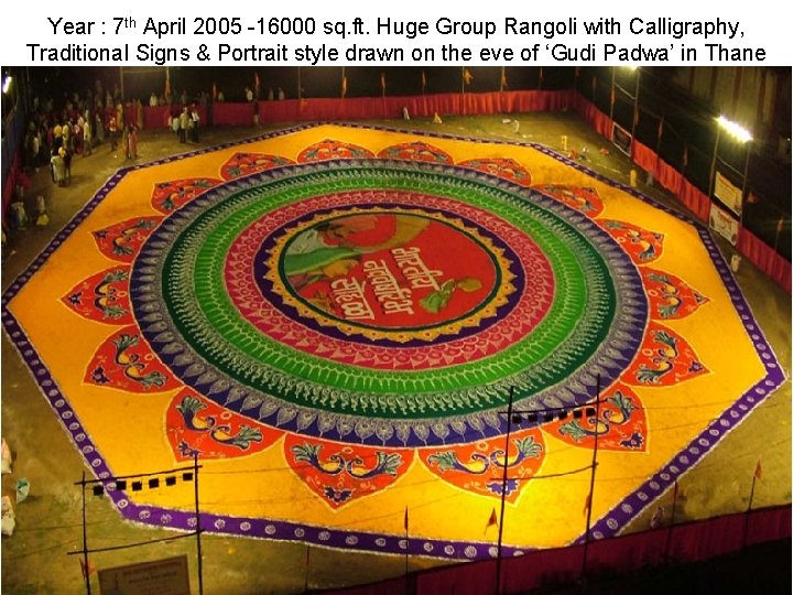 Year : 7 th April 2005 -16000 sq. ft. Huge Group Rangoli with Calligraphy,