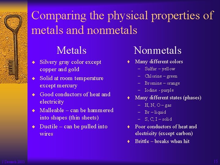 Comparing the physical properties of metals and nonmetals Metals ¨ Silvery gray color except