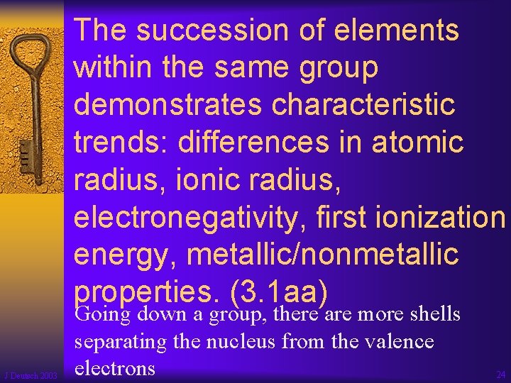 The succession of elements within the same group demonstrates characteristic trends: differences in atomic