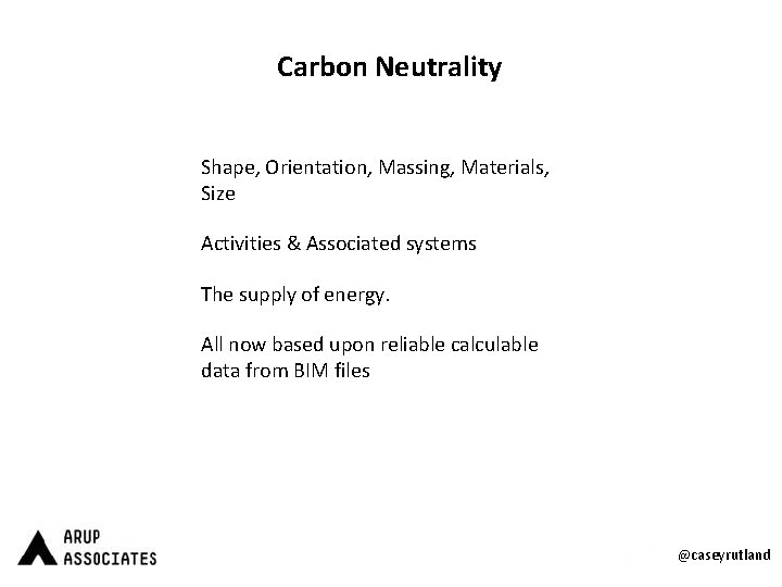 Carbon Neutrality Shape, Orientation, Massing, Materials, Size Activities & Associated systems The supply of