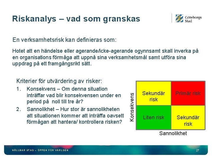 Riskanalys – vad som granskas En verksamhetsrisk kan definieras som: Hotet att en händelse