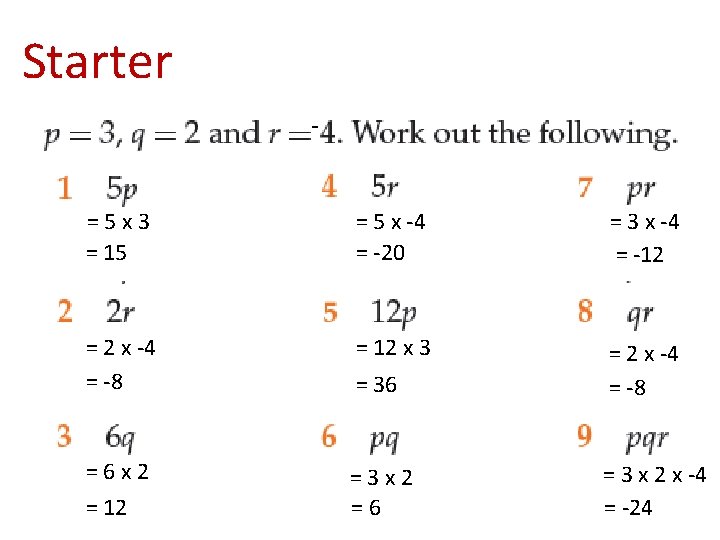 Starter - = 5 x 3 = 15 = 5 x -4 = -20