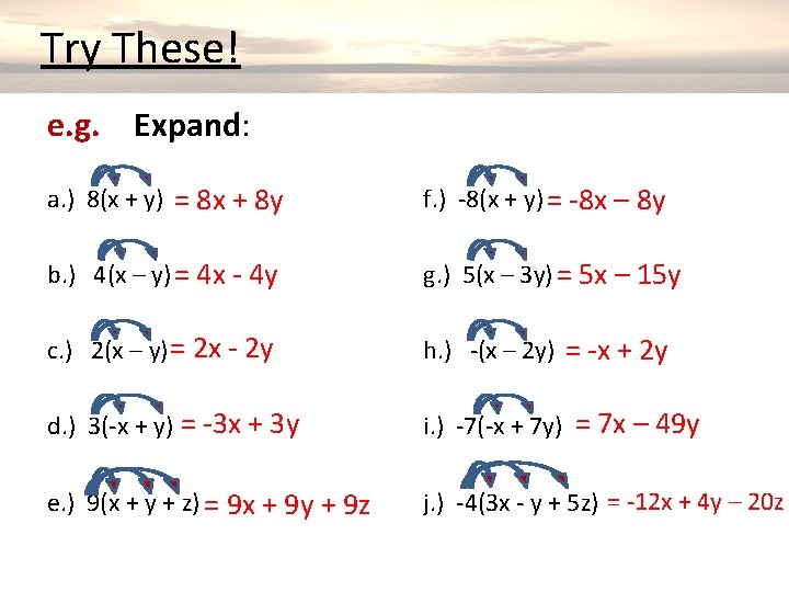  Try These! e. g. Expand: a. ) 8(x + y) = 8 x