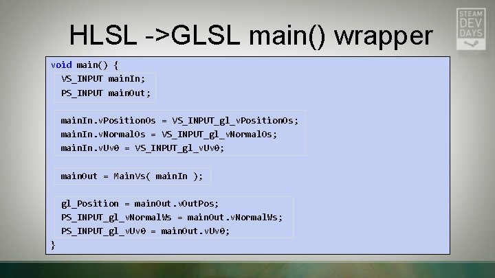 HLSL ->GLSL main() wrapper void main() { VS_INPUT main. In; PS_INPUT main. Out; main.