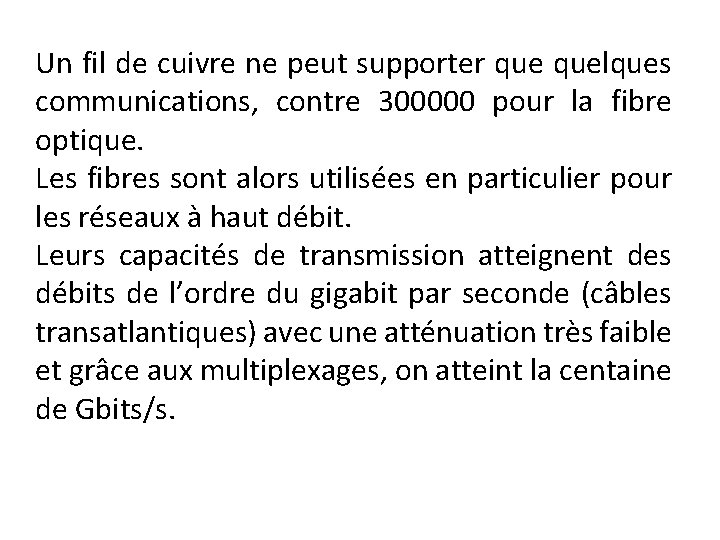 Un fil de cuivre ne peut supporter quelques communications, contre 300000 pour la fibre