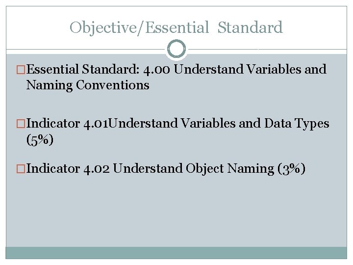 Objective/Essential Standard �Essential Standard: 4. 00 Understand Variables and Naming Conventions �Indicator 4. 01 Objective/Essential Standard �Essential Standard: 4. 00 Understand Variables and Naming Conventions �Indicator 4. 01