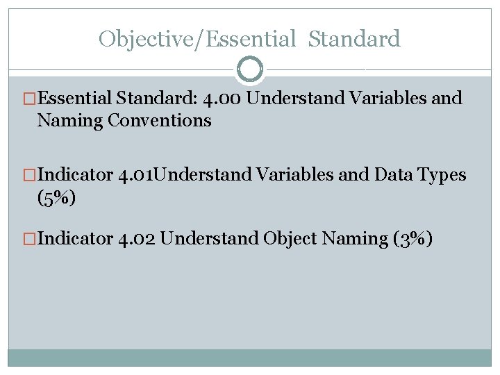 Objective/Essential Standard �Essential Standard: 4. 00 Understand Variables and Naming Conventions �Indicator 4. 01