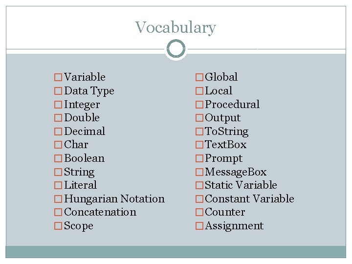 Vocabulary � Variable � Data Type � Integer � Double � Decimal � Char Vocabulary � Variable � Data Type � Integer � Double � Decimal � Char