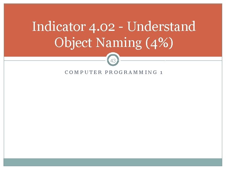 Indicator 4. 02 - Understand Object Naming (4%) 43 COMPUTER PROGRAMMING 1 