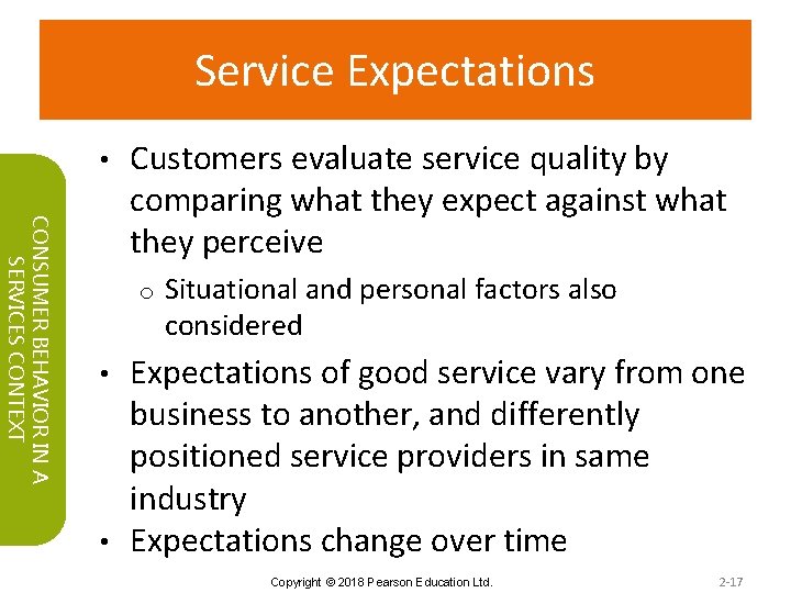 Service Expectations • CONSUMER BEHAVIOR IN A SERVICES CONTEXT Customers evaluate service quality by