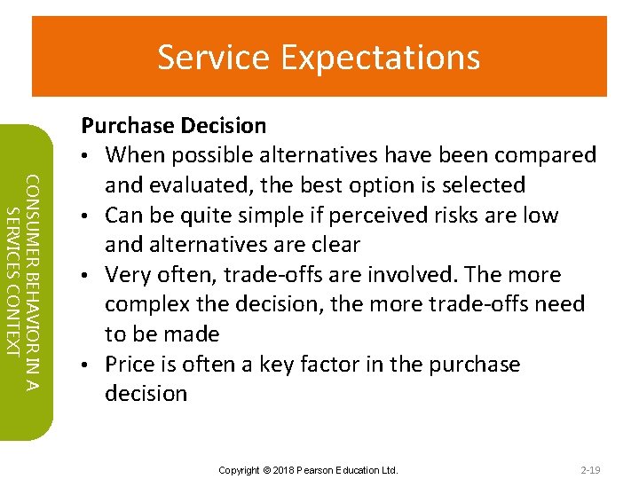 Service Expectations CONSUMER BEHAVIOR IN A SERVICES CONTEXT Purchase Decision • When possible alternatives