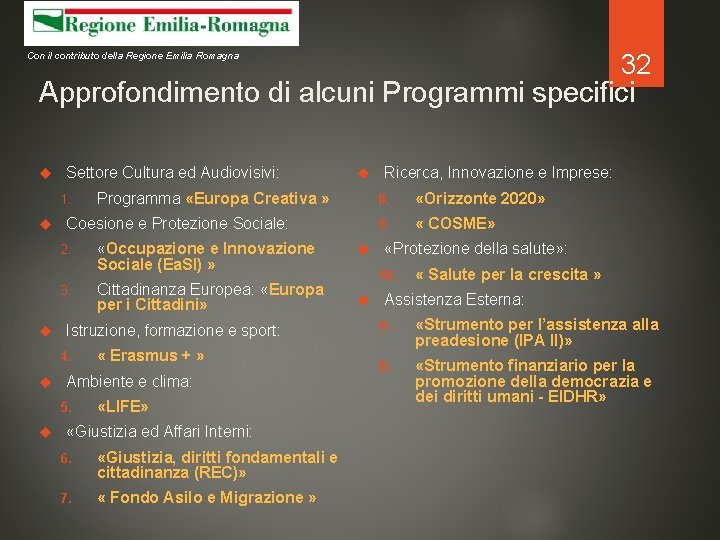 32 Approfondimento di alcuni Programmi specifici Con il contributo della Regione Emilia Romagna Settore