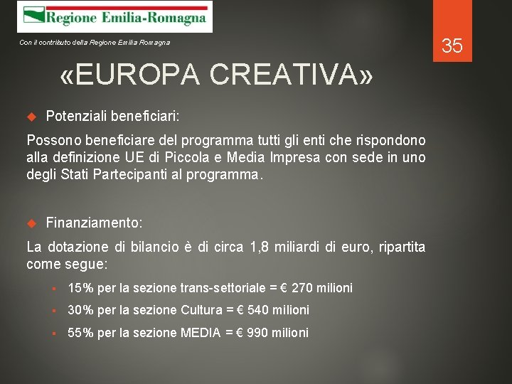 Con il contributo della Regione Emilia Romagna «EUROPA CREATIVA» Potenziali beneficiari: Possono beneficiare del