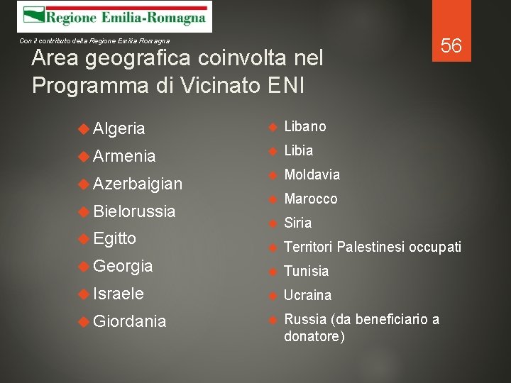 Con il contributo della Regione Emilia Romagna Area geografica coinvolta nel Programma di Vicinato