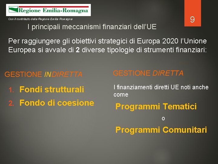 9 Con il contributo della Regione Emilia Romagna I principali meccanismi finanziari dell’UE Per