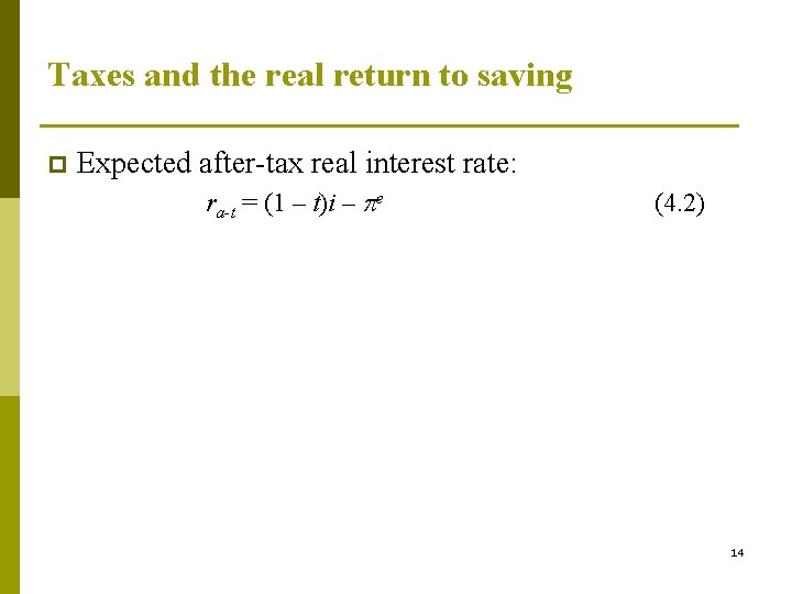 Taxes and the real return to saving p Expected after-tax real interest rate: ra-t