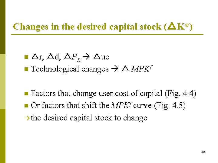 Changes in the desired capital stock (△K*) △r, △d, △PK △uc n Technological changes