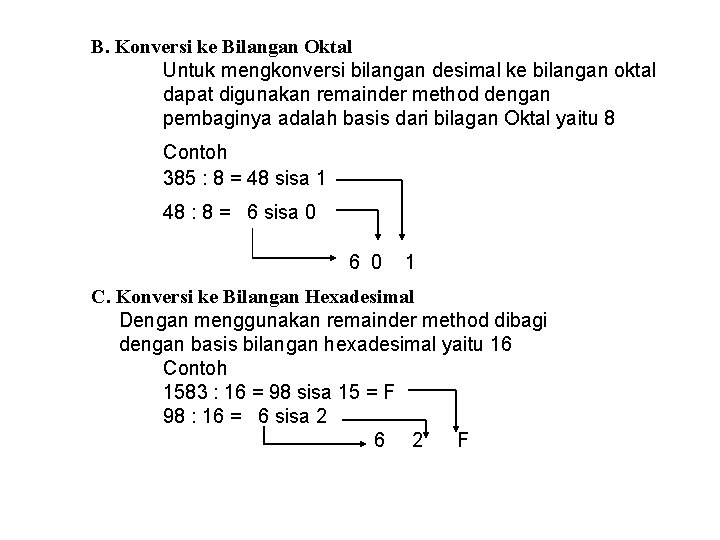 B. Konversi ke Bilangan Oktal Untuk mengkonversi bilangan desimal ke bilangan oktal dapat digunakan