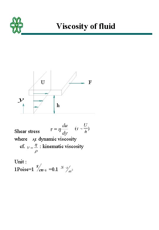 Viscosity of fluid U F h Shear stress where : dynamic viscosity cf. :