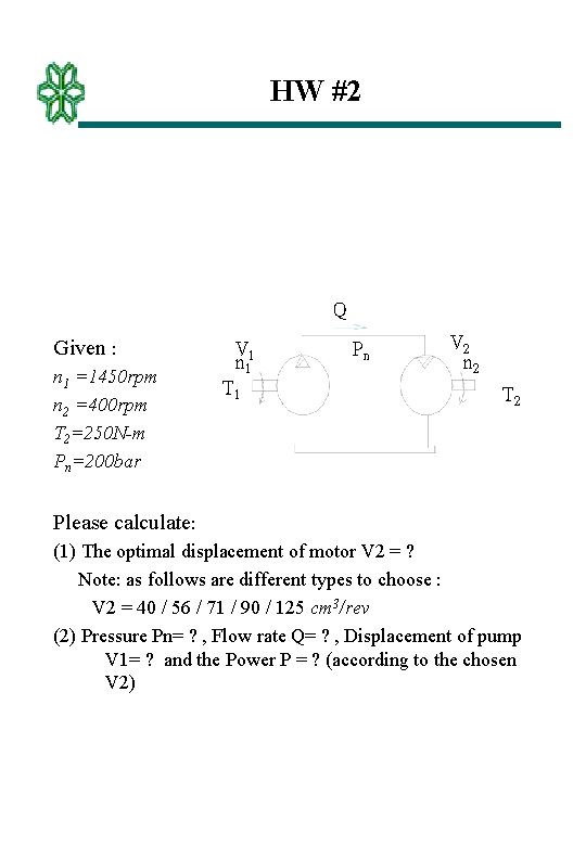 HW #2 Q Given : n 1 =1450 rpm n 2 =400 rpm T