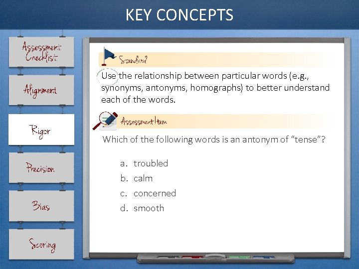 KEY CONCEPTS Use the relationship between particular words (e. g. , synonyms, antonyms, homographs)