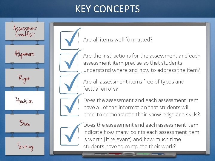 KEY CONCEPTS Are all items well formatted? Are the instructions for the assessment and