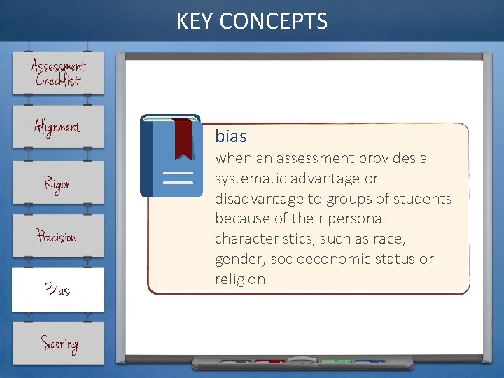 KEY CONCEPTS bias when an assessment provides a systematic advantage or disadvantage to groups