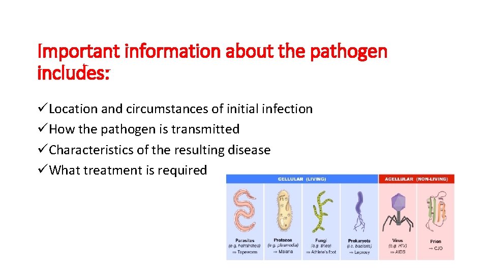Important information about the pathogen includes: üLocation and circumstances of initial infection üHow the