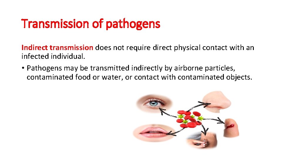 Transmission of pathogens Indirect transmission does not require direct physical contact with an infected